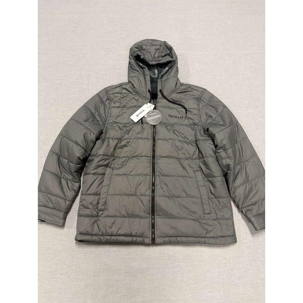 NEW Hurley Kersta Reversible Plaid Puffer Jacket Mens XL Iron Grey Hooded NWT